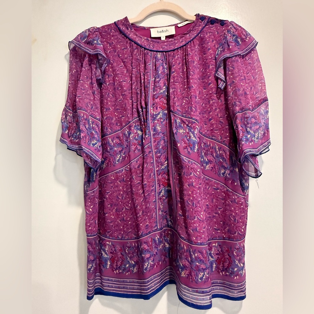 Ba&sh Purple Pink Ruffled Short Sleeve Blouse